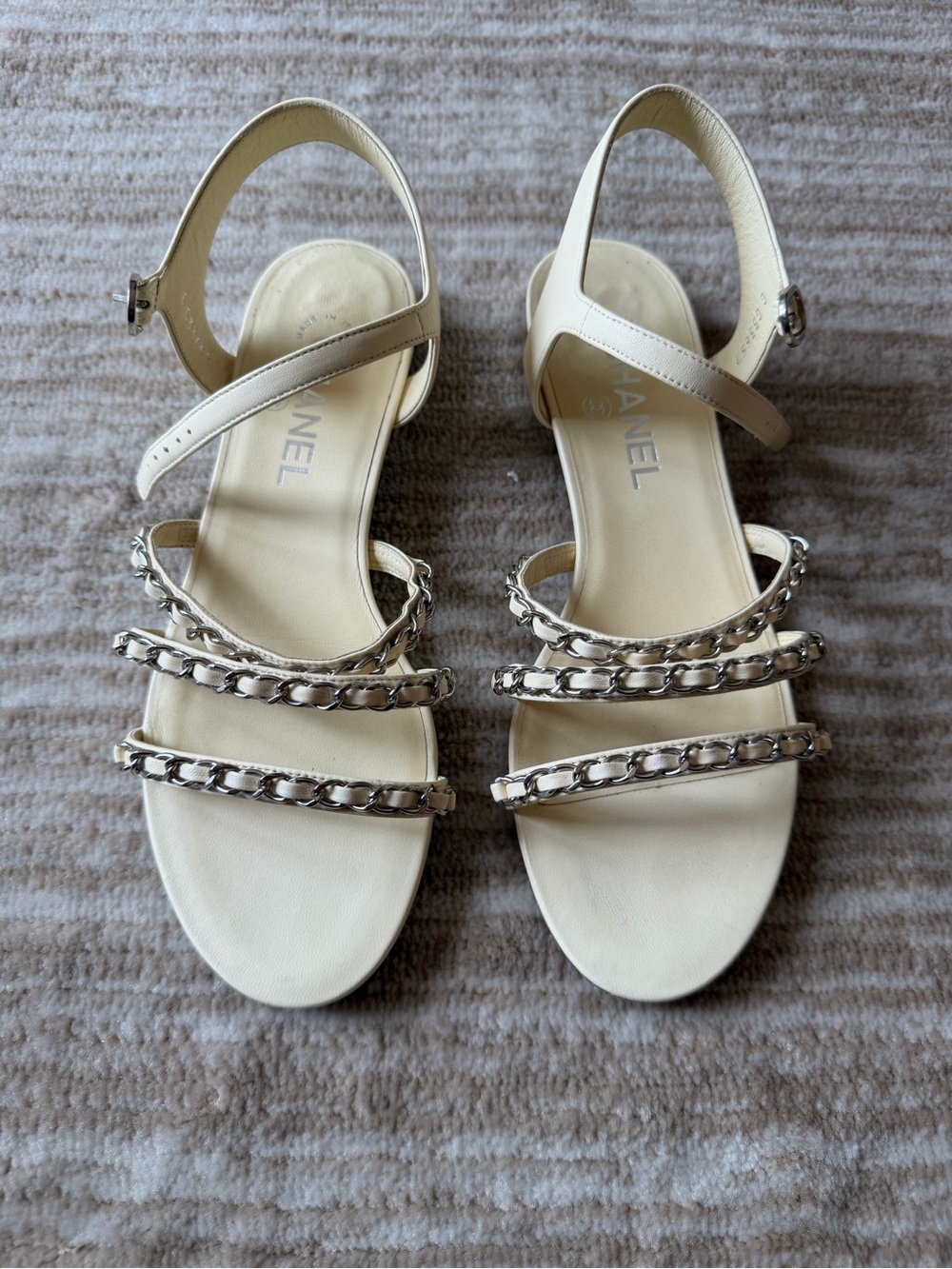 CHANEL Cream Leather Sandals with Silver Chain Straps and silver heel